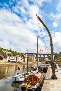 Panoramic view of the small marina on the river la Rance in the village of .. Stock Photos