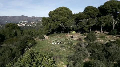Panoramic view of a small mountain where the motorcyclist rests next to his Stock-Footage 278938061