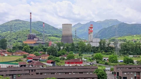 Panoramic view of small town and industrial zone in highlands of Asturias, Spain Stock Footage 336435085
