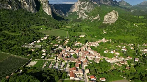 Panoramic view of the small town of saou in the Drome department in France Stock Footage 281116418