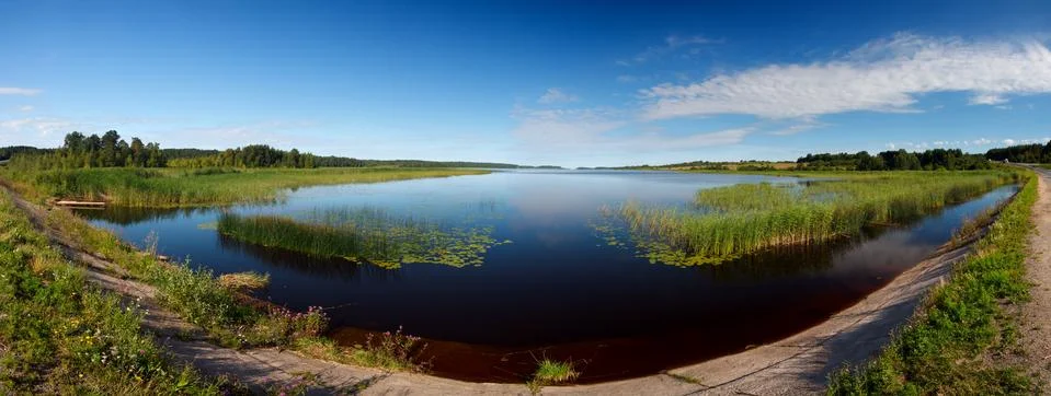 Panoramic view of the smooth surface of the lake with vegetation Stock Photos