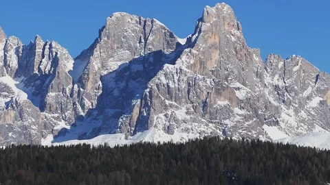Panoramic View of Snow Capped Dolomites and Evergreen Forest in Italy Stock Footage 306648142