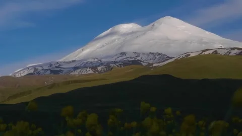 Panoramic View of Snow-Capped Mount Elbrus, the Highest Peak in Europe, Caucasus Video stock 325683021