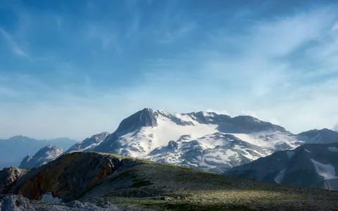 Panoramic view of the snow-capped mountain of the fisht Stock Photos