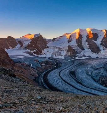 Panoramic View of the Snow-Covered Bernina Mountains Stock Photos