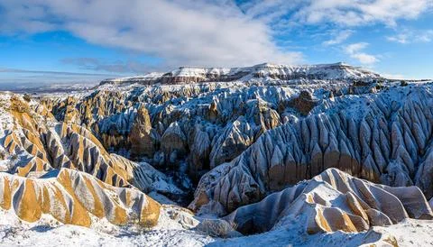 Panoramic view of snow covered Cappadocia Stock Photos
