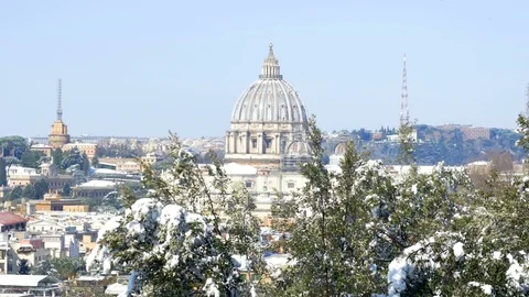 Panoramic view of the snow-covered St. Peter's Chapel Stock Footage 90382328