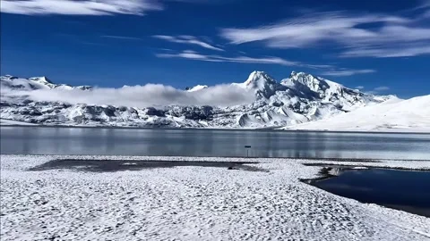 Panoramic View of Snow Peaks and Azure Lake on Qinghai Tibet Plateau China Stock Footage 339305545