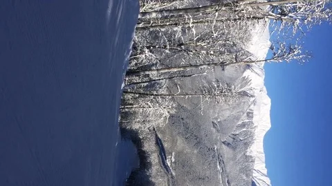 Panoramic view of the snowy mountains, forest and passing skier. Stock Footage 123305658