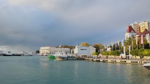 Panoramic view of Sochi sea port, sunset, calm sea Stock Footage 86356093