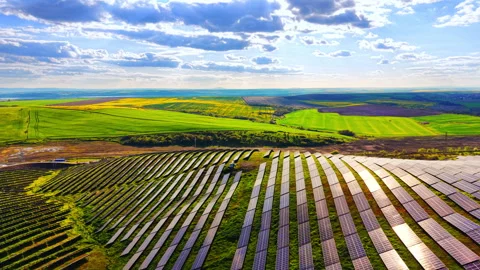 Panoramic view of solar farm under cloudy sky, Bulgaria Stock Footage 345152261