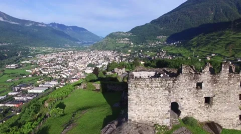 Panoramic view of Sondrio from Grumello Castle - Aerial view Stock Footage 67611352