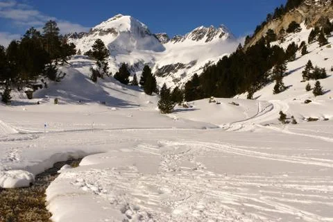 Panoramic view, south side, of massif of maladeta in the pyrenees Stock Photos