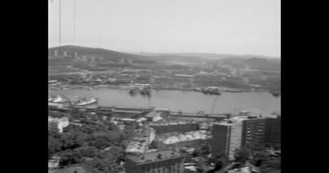 Panoramic view of a Soviet industrial port city with residential buildings Vídeo Stock 324898598