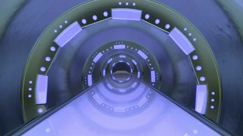 Panoramic view to the spaceship landscape scene. 3d abstract background of Sci-f Stock Footage 113681461