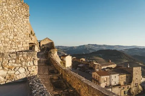 Panoramic view from Sperlinga castle over stone village and Sicilian mountain Stock Photos