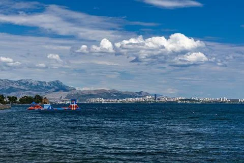 Panoramic View of Split with Inflatable Water Park on the Adriatic Sea in C.. Stock Photos