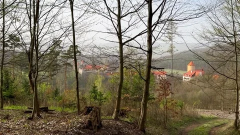 Panoramic View Of The Spring Afternoon Forest With The Castle In The Background Stock Footage 270521456