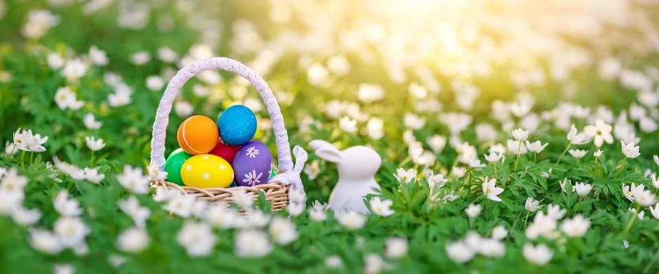 Panoramic view of the spring field with rabbit toy and bascket with colourful Stock Photos