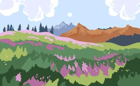 Panoramic View of Spring Nature Landscape with Green Grass, Hills and Flowers Stock Illustration