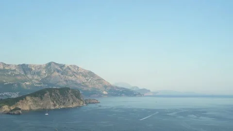 Panoramic view of St. Nicholas Island and Budva Bay in Montenegro during wa.. Stock Footage 341868195