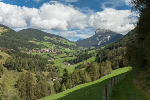 Panoramic view on St. Peter in Val di Funes, Dolomites Stock Photos