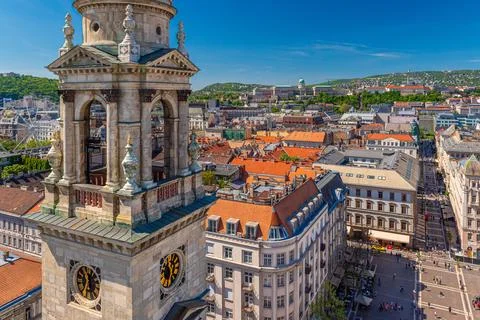 A panoramic view from St. Stephen's Basilica, a Catholic basilica in Budapest Stock Photos