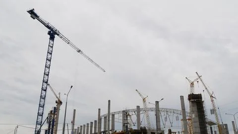 Panoramic view of a stadium construction site in city. Stock Photos