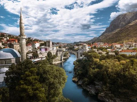 Panoramic view of "Stari most" old bridge in Mostar over Neretva river Stock Photos