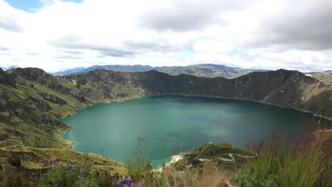 Panoramic view of stunning Quilotoa volcano lagoon (3,914 m) in ecuadorian .. Stock Footage 278327048