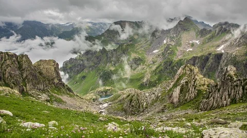 Panoramic view of the summer Caucasus mountains canyon timelapse Stock-Footage 88192408