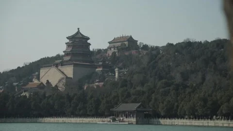 Panoramic View of Summer Palace Historic Buildings Over Water in Beijing, China Stock Footage 341780997