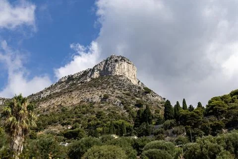 Panoramic view of the summit of Tte de Chien from the town of Cap-d'Ail. Stock Photos