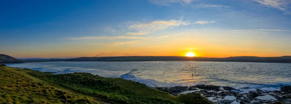 Panoramic View of a Sun Set over Daymer Bay Stock Photos