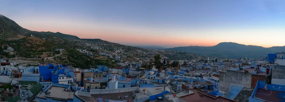 Panoramic view of sunset in Chefchaouen, Morocco. Stock Photos