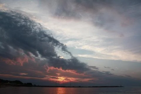 Panoramic view. Sunset illuminating calm Baltic Sea. Kaliningrad, Russia Stock Photos