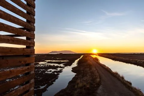Panoramic view on sunset or sunrise at National Park of Evros Delta, near A.. Stock Photos