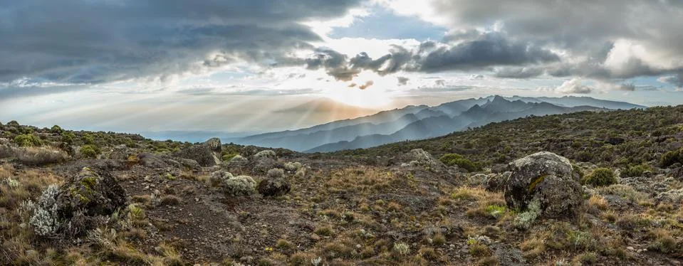 Panoramic view of sunset over Mount Meru in Tanzania Stock Photos