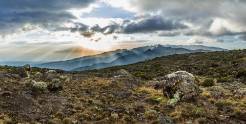 Panoramic view of sunset over Mount Meru in Tanzania Stock Photos