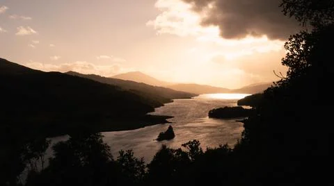 Panoramic view of sunset at Queen's View at Loch Tummel in Scotland Stock Photos