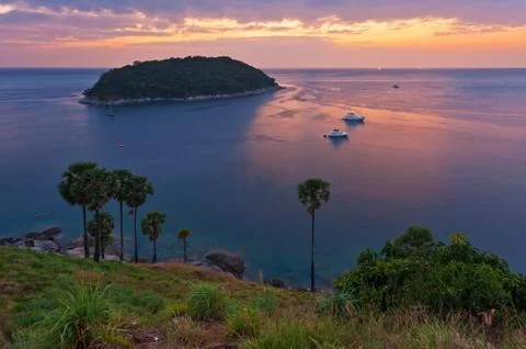 Panoramic view on sunset sea Stock Photos