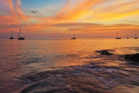 Panoramic view on sunset sea Stock Photos