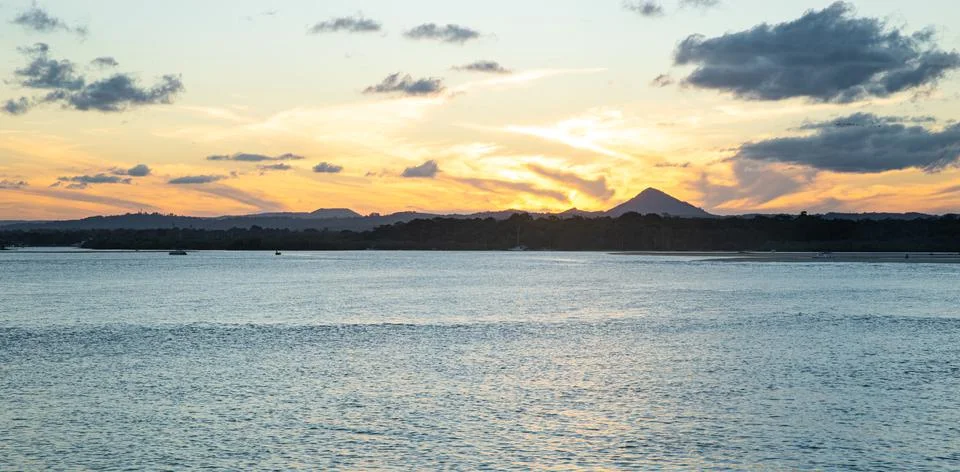 Panoramic View of Sunset in a Seascape begin a Mountain in Noosa Heads,Austra Stock Photos