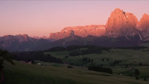 Panoramic view of sunset in summer on Alpe di Siusi, Dolomites, Italy Stock Footage 112012112