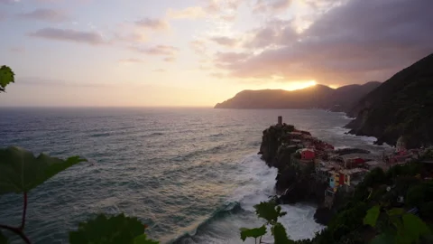A panoramic view at sunset of Vernazza, Cinque Terre. Stock Footage 247516192