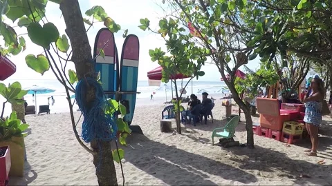 Panoramic View, Surfboards, People Relax on Kuta beach, Bali, Indonesia Vidéo 303093080