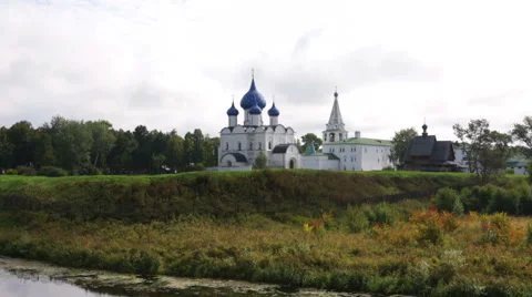 Panoramic view of Suzdal Kremlin and river Kamenka, Golden Ring Russia Stock Footage 49703921