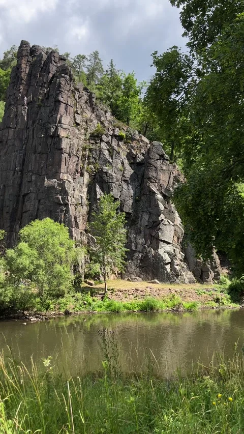 Panoramic view of Svatoš rocks and Tepla river in summer. Vertical video Stock Footage 246498967