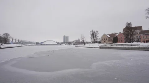 Panoramic view of Svisloch river, Nemiga, Minsk, Belarus Stock Footage 101877078