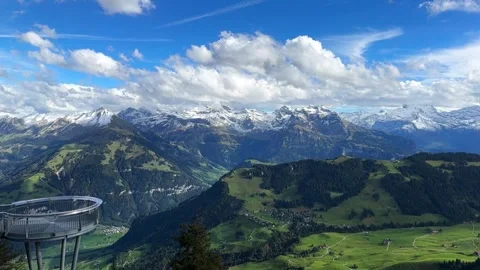 Panoramic View of Swiss Alps and Titlis from Stanserhorn Observation Deck Stock Footage 291634963